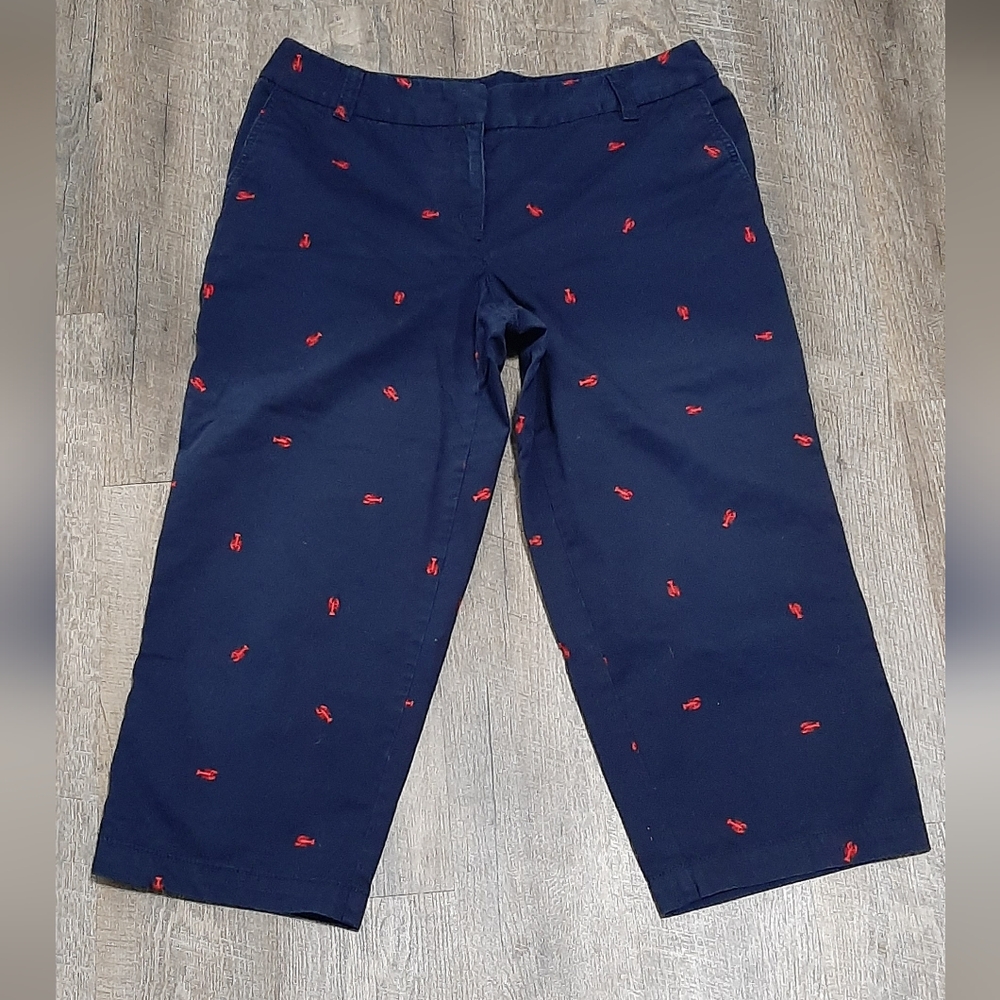 Liz Claiborne Pants Womens 14 Audra 100% Cotton Navy Blue Red Lobster Capri